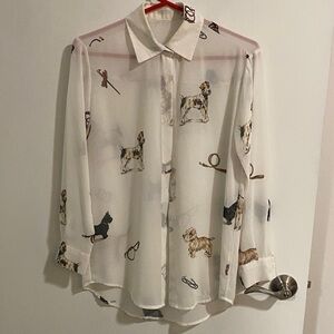 Semi Sheer Dog Print White Blouse